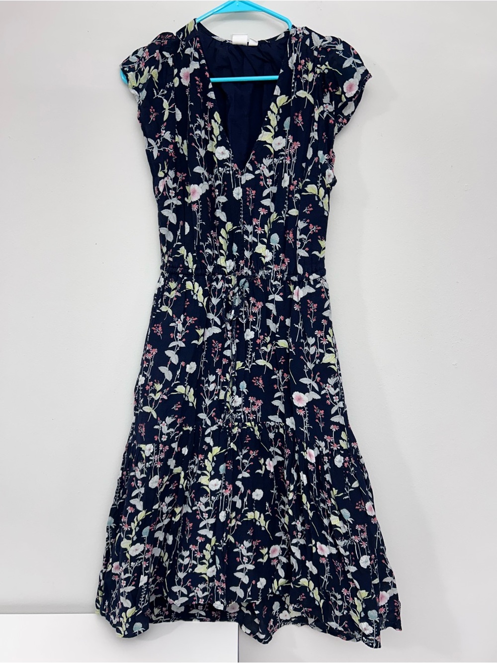 GAP Navy Floral V-Neck Drawstring Tiered Lined Pullover Midi Dress Size XS